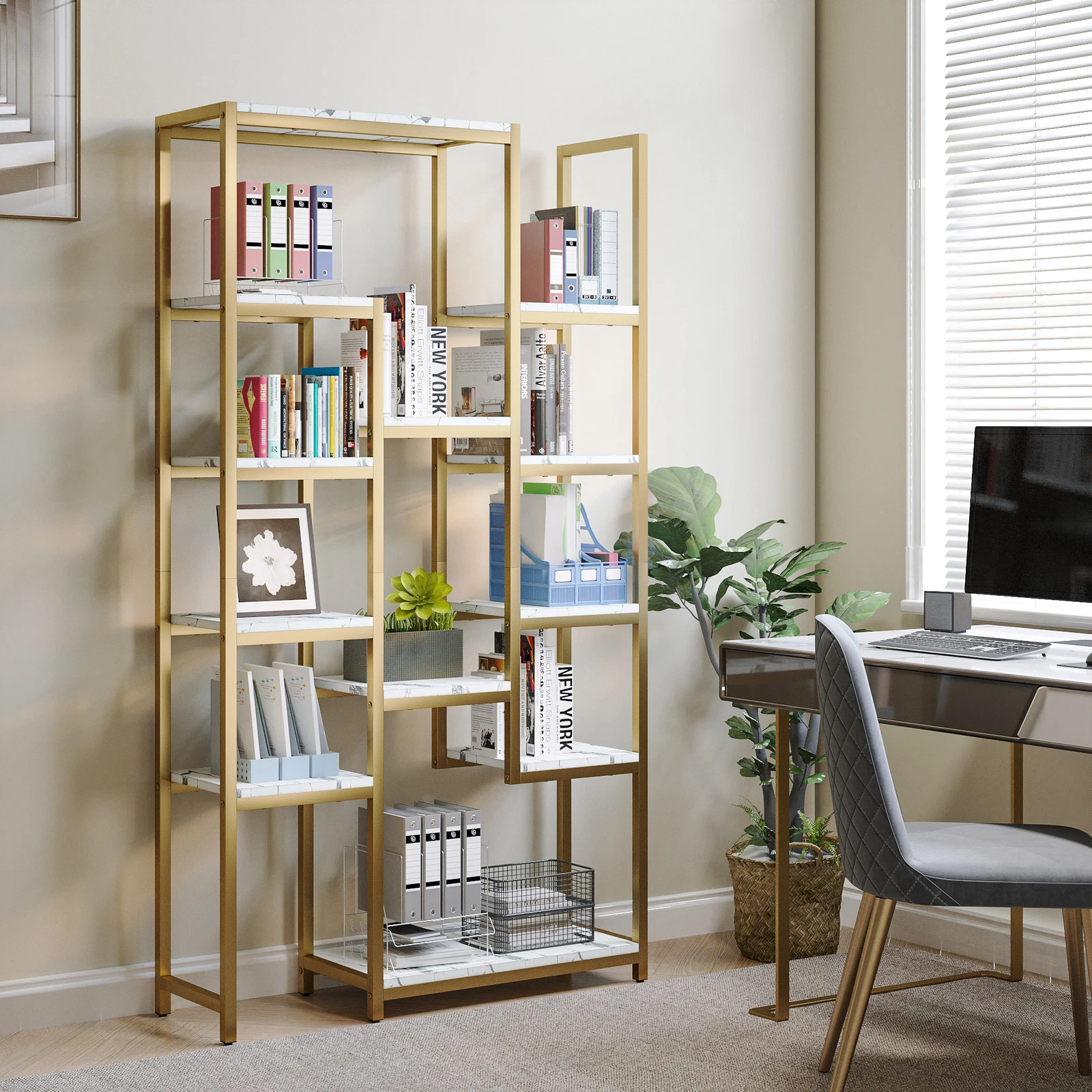6-Tier Gold Bookshelf Bookcase Open Display Shelve
